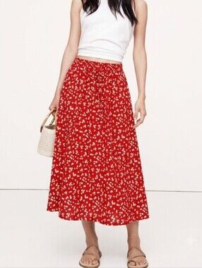 Your Style Floral Skirt Size Small Red White Daisies Midi Elastic Tie Waist Boho